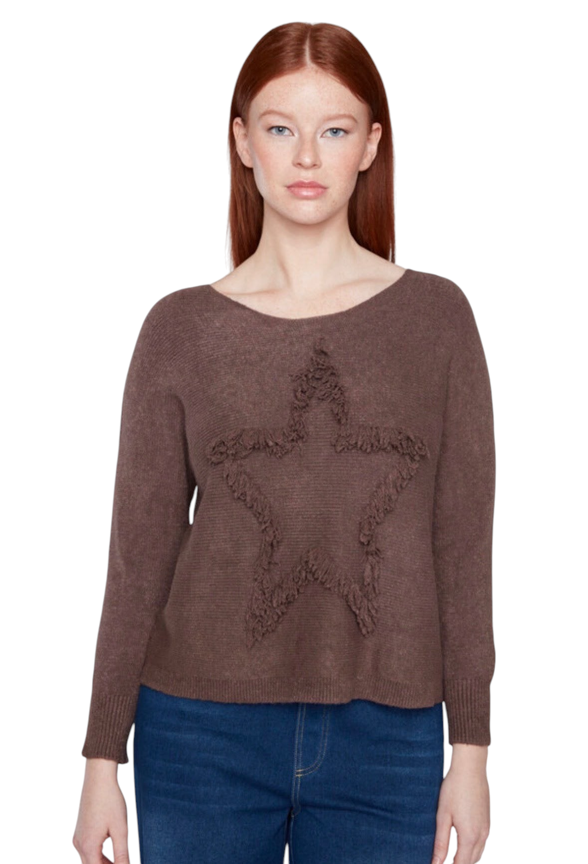 The Strawberry Shop chocolate brown knit sweater featuring a textured star design with fringe detail on a model.