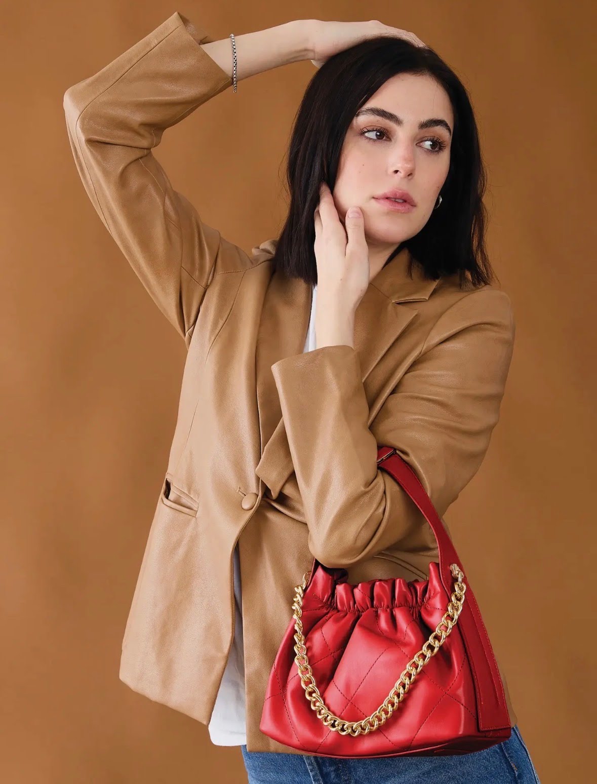 JEN &amp; CO. Red Sydney Ruched Bucket Bag