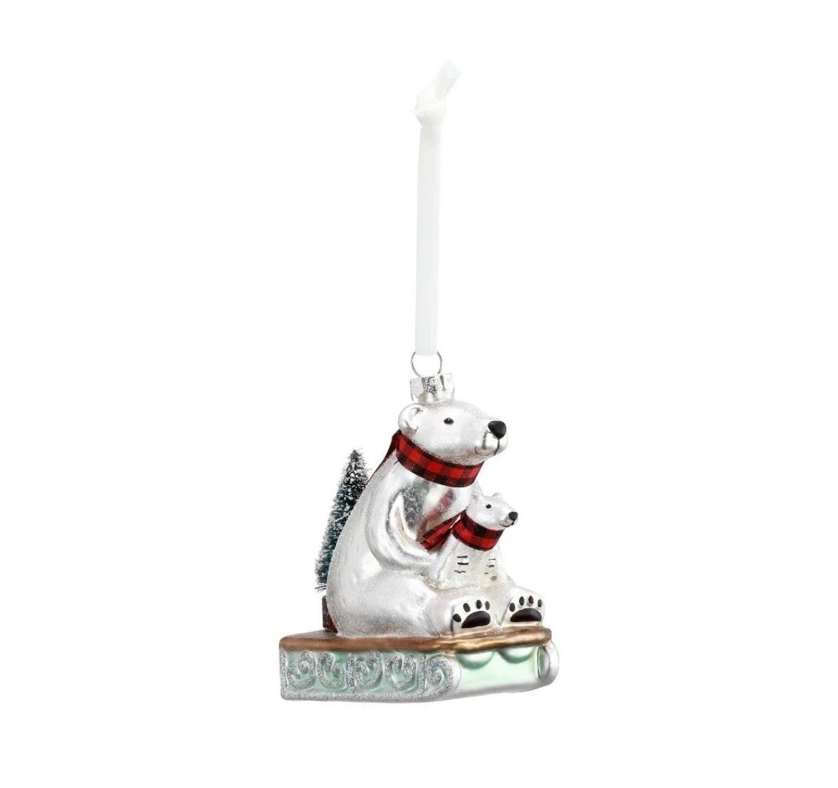 Blown Glass Polar Bears On Sled Ornament