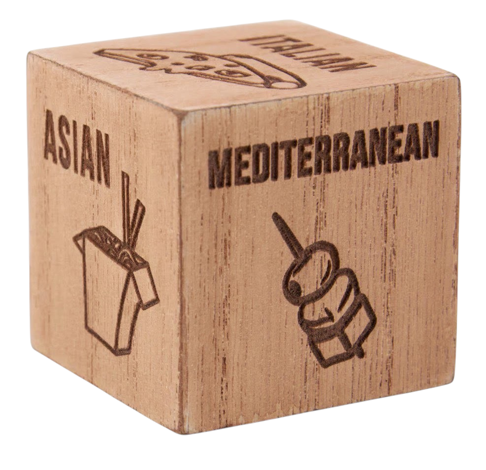The Strawberry Shop wooden dinner decision die with debossed food icons and cuisine names for meal planning