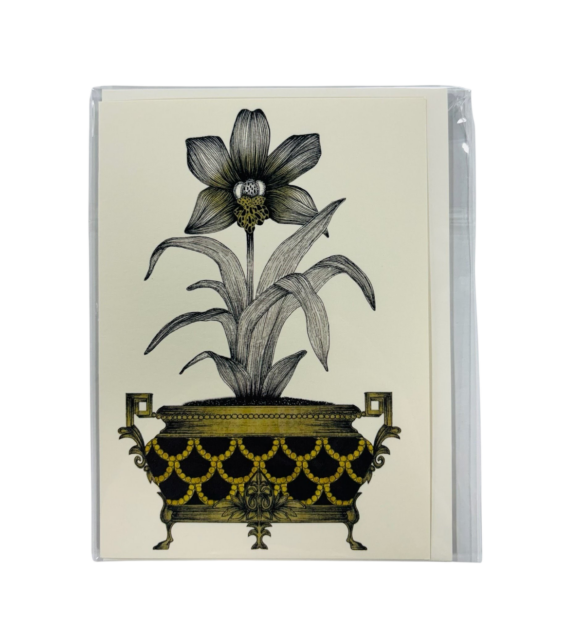 The Strawberry Shop s.e.hagarman Mother's Day card featuring a detailed black and gold ink illustration of an orchid.