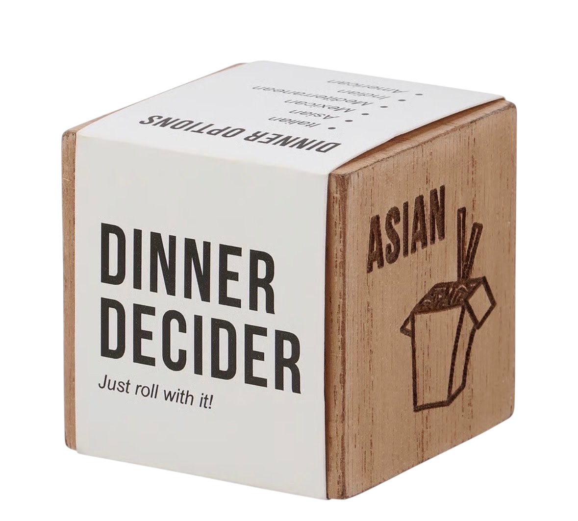 The Strawberry Shop wooden Dinner Decision Dice with debossed Asian food icon and meal options for kitchen fun.
