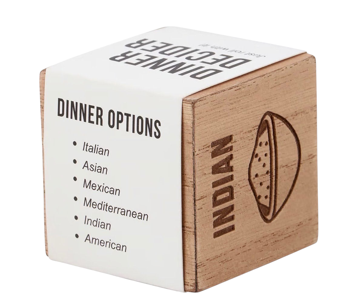 The Strawberry Shop wooden Dinner Decision Dice with debossed Indian food icon and meal options list on paper wrap.