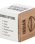 The Strawberry Shop wooden Dinner Decision Dice with debossed Indian food icon and meal options list on paper wrap.