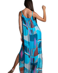 The Strawberry Shop Marla silk maxi dress in a blue retro geometric print with spaghetti straps and side slits