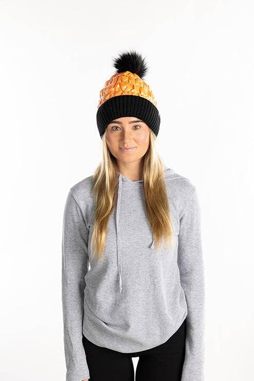 Puffer Faux Fur Pom Beanie - Black/Orange
