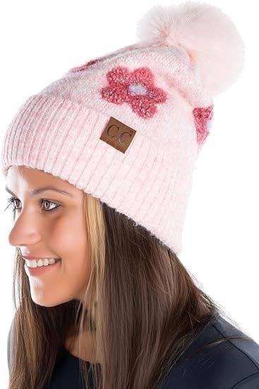 Women&#39;s Chenille Winter Pom Beanie - Daisy - Rose