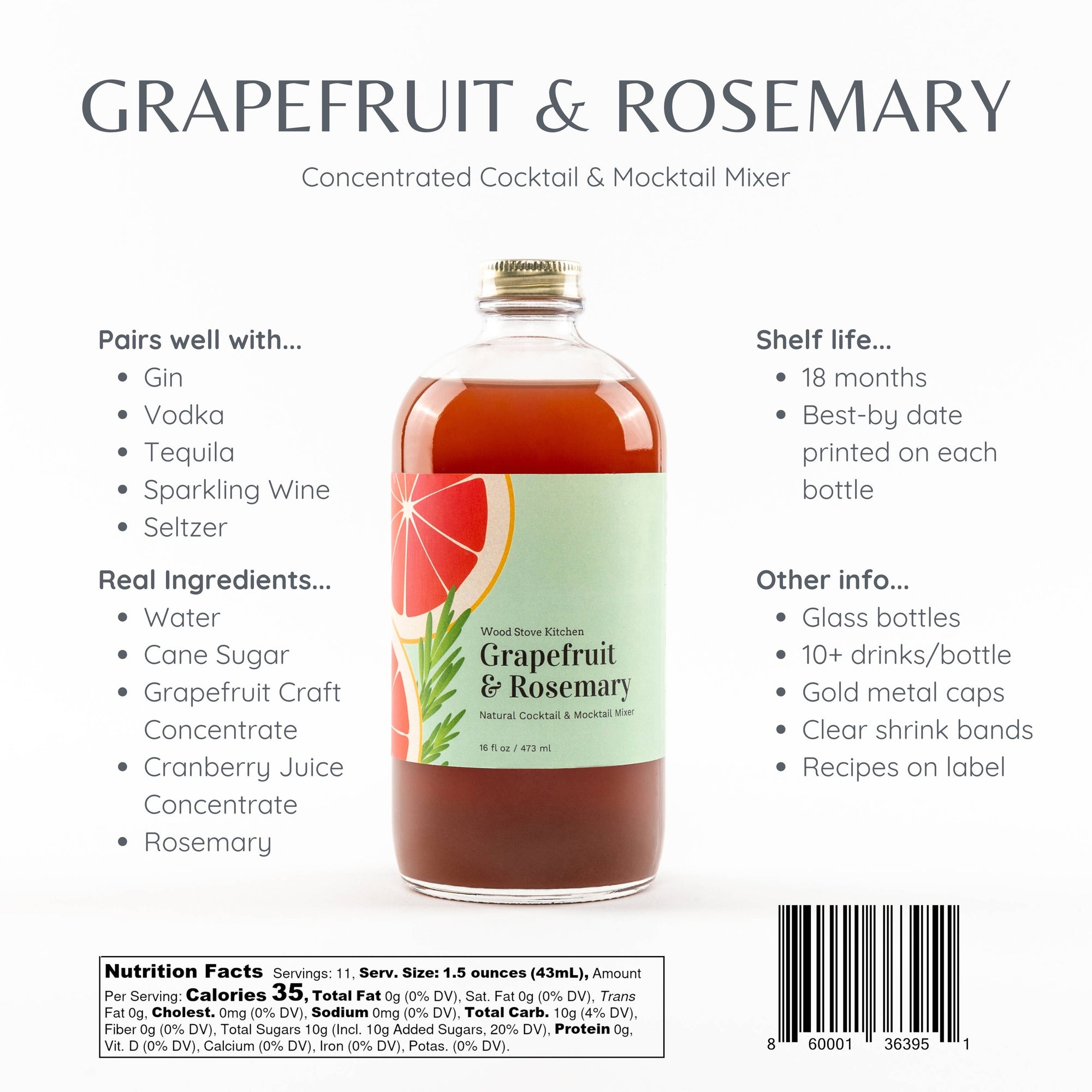 Grapefruit &amp; Rosemary Cocktail and Mocktail Mixer, 16 fl oz