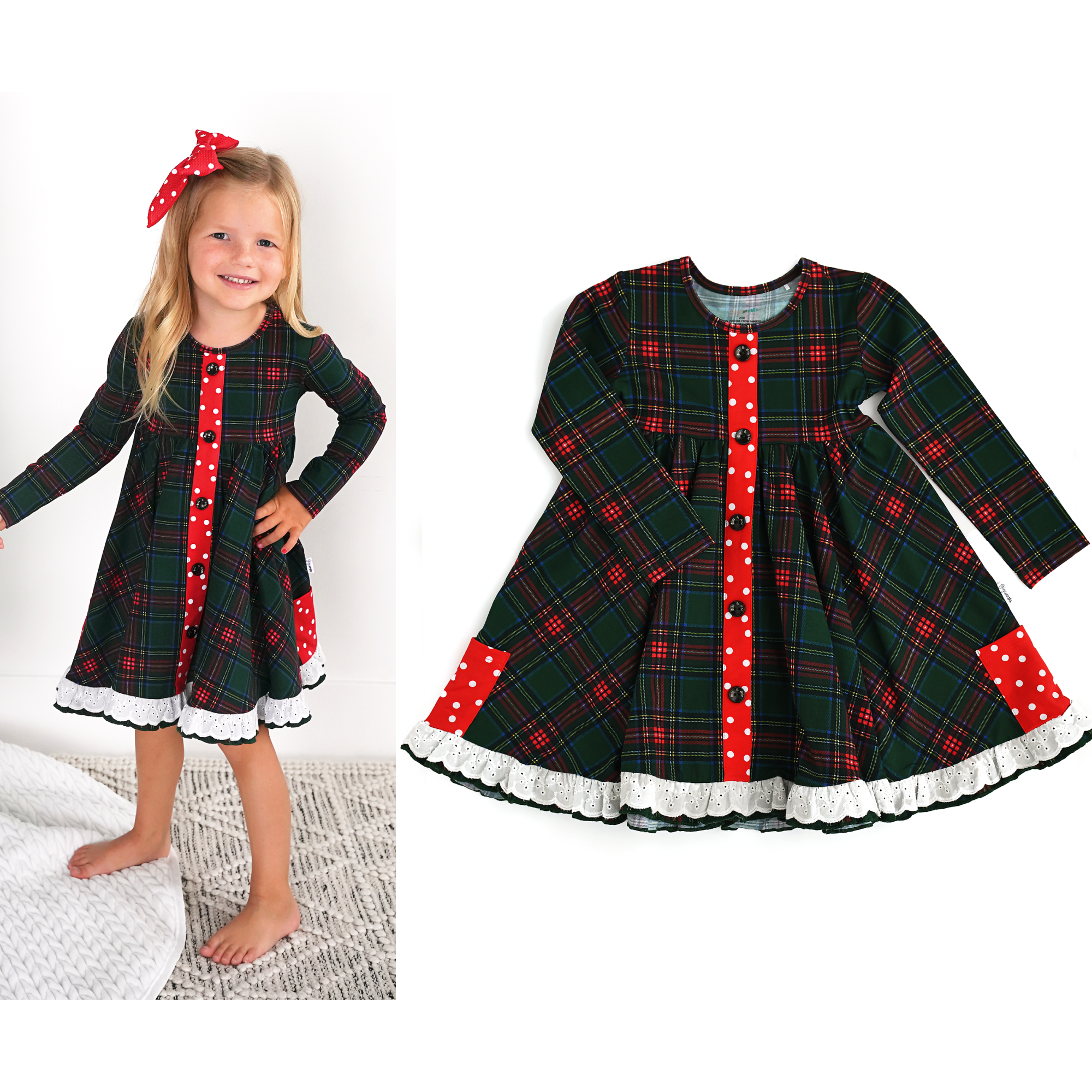 Kane Tartan &amp; Ruby Dot Button Dress Christmas Tartan