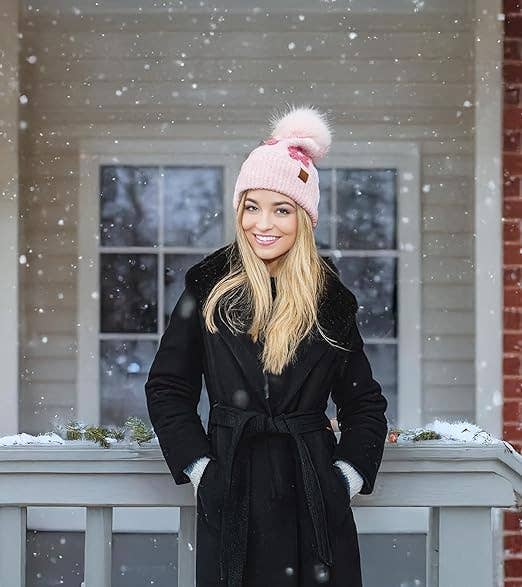 Women&#39;s Chenille Winter Pom Beanie - Daisy - Rose
