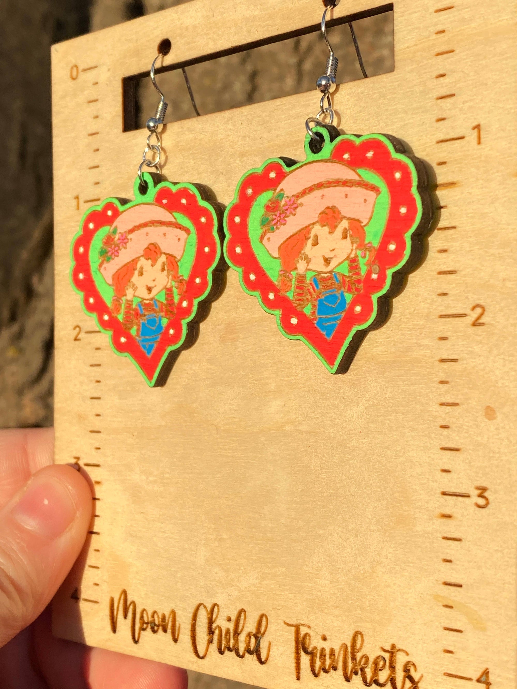 Strawberry Shortcake Hand Painted Wood Dangle Earrings