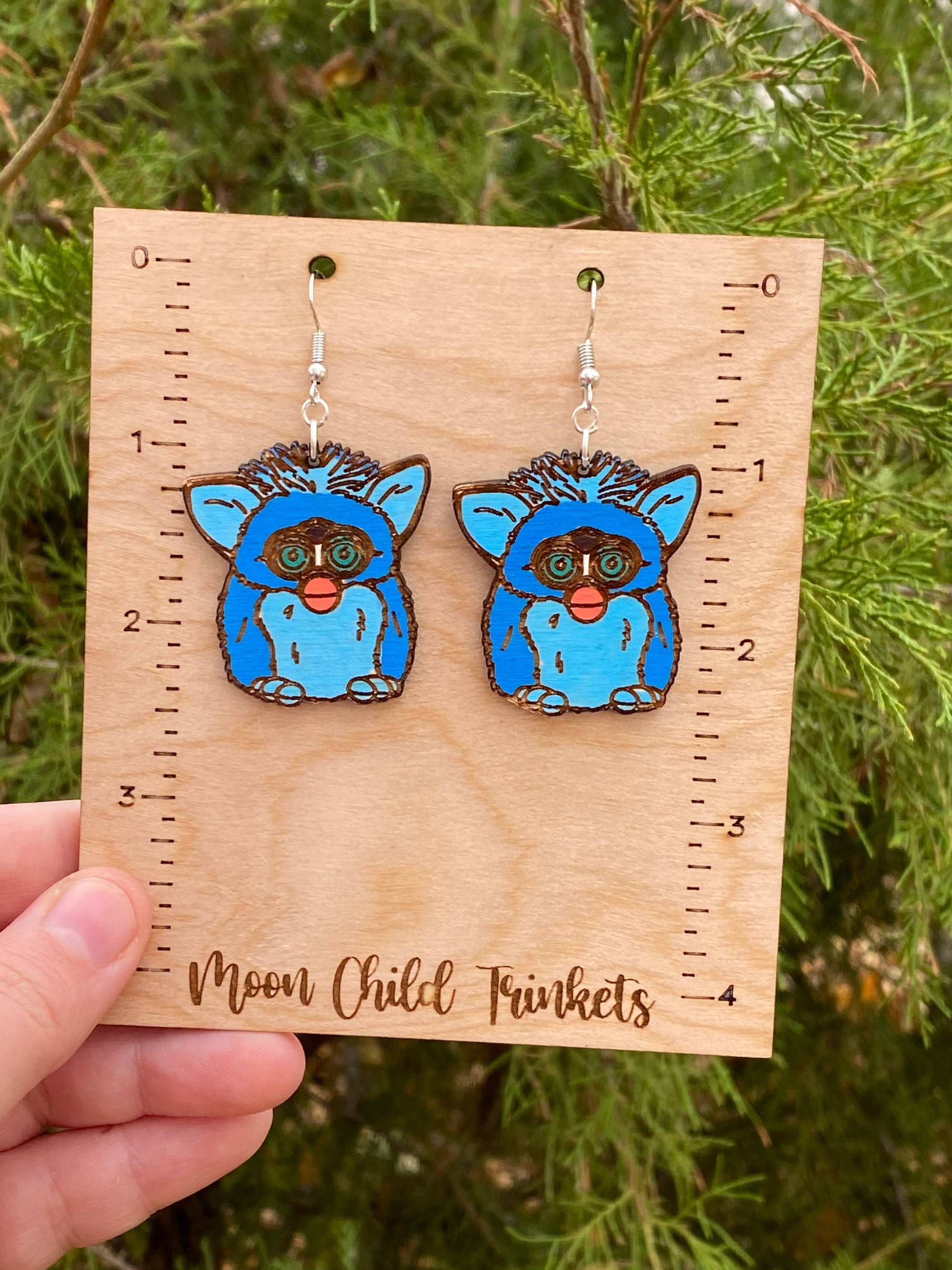 Furby Toy Pet Y2K inspired hand painted wood earrings
