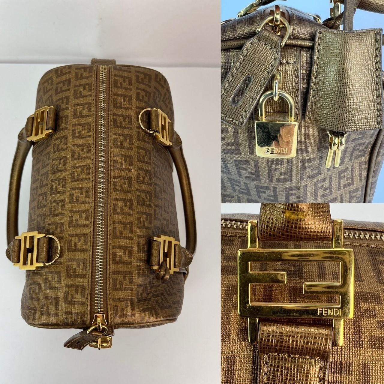 Fendi Boston Gold Coated Canvas Handbag