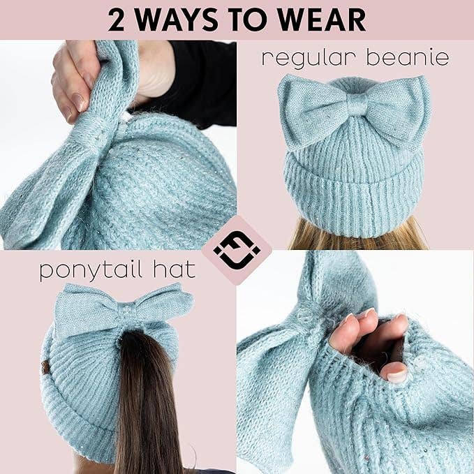 Sequin Ponytail Beanie with Top Bow - Light Blue