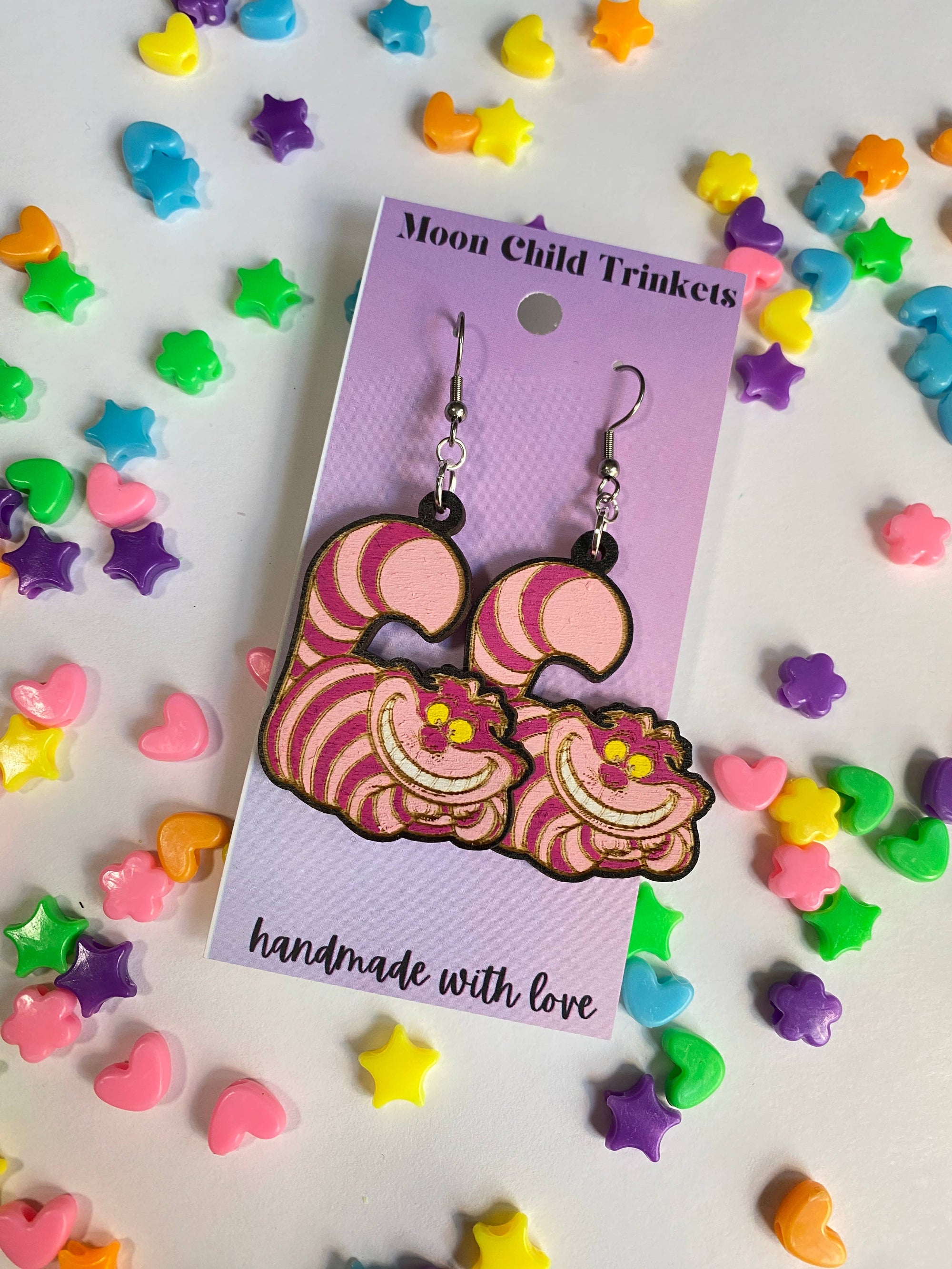 Cheshire Cat Hand Painted Wood Dangle Earrings