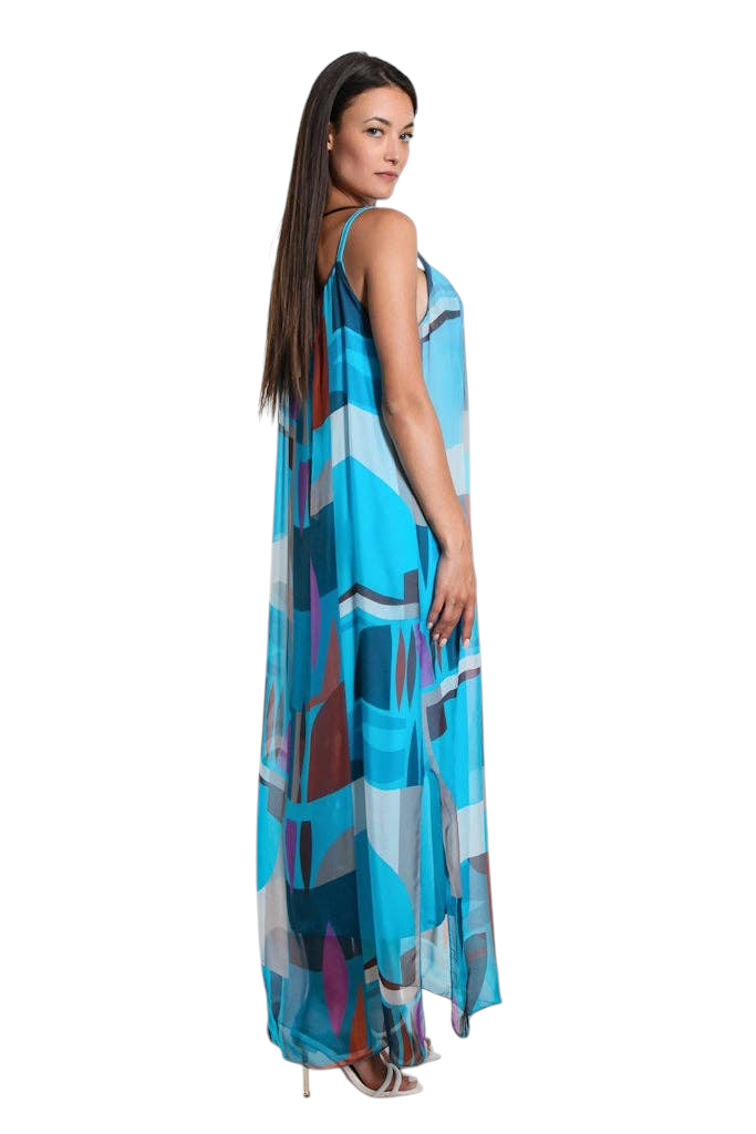 The Strawberry Shop Marla silk maxi dress in a blue retro geometric print with spaghetti straps and side slits