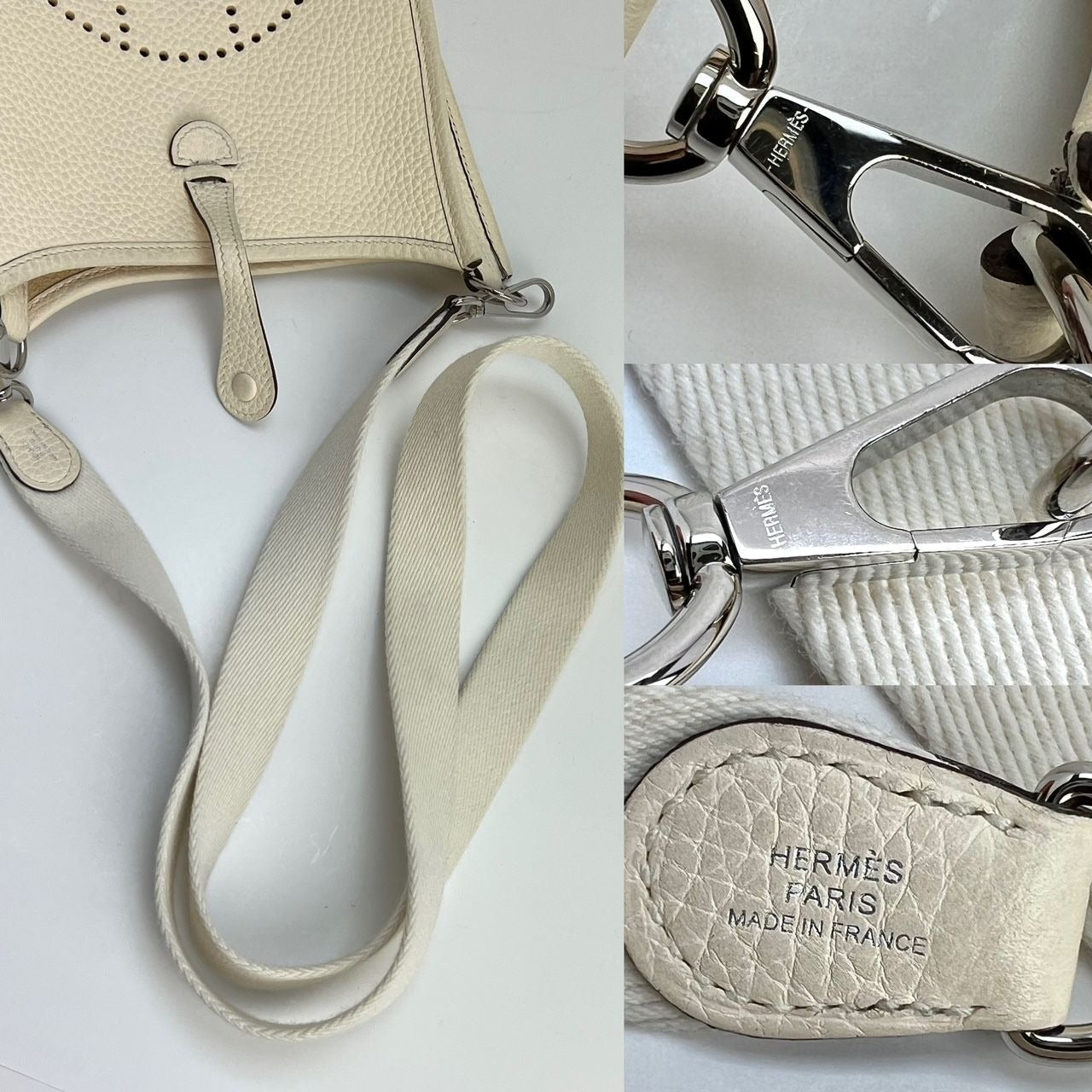 HERMÈS Taurillon Clemence Evelyne TPM Nata White Crossbody Bag