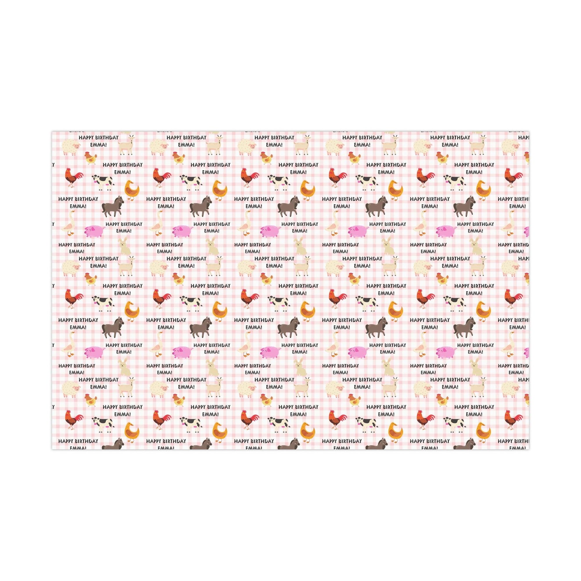 Farm Animal Gingham Personalized Birthday Wrapping Paper