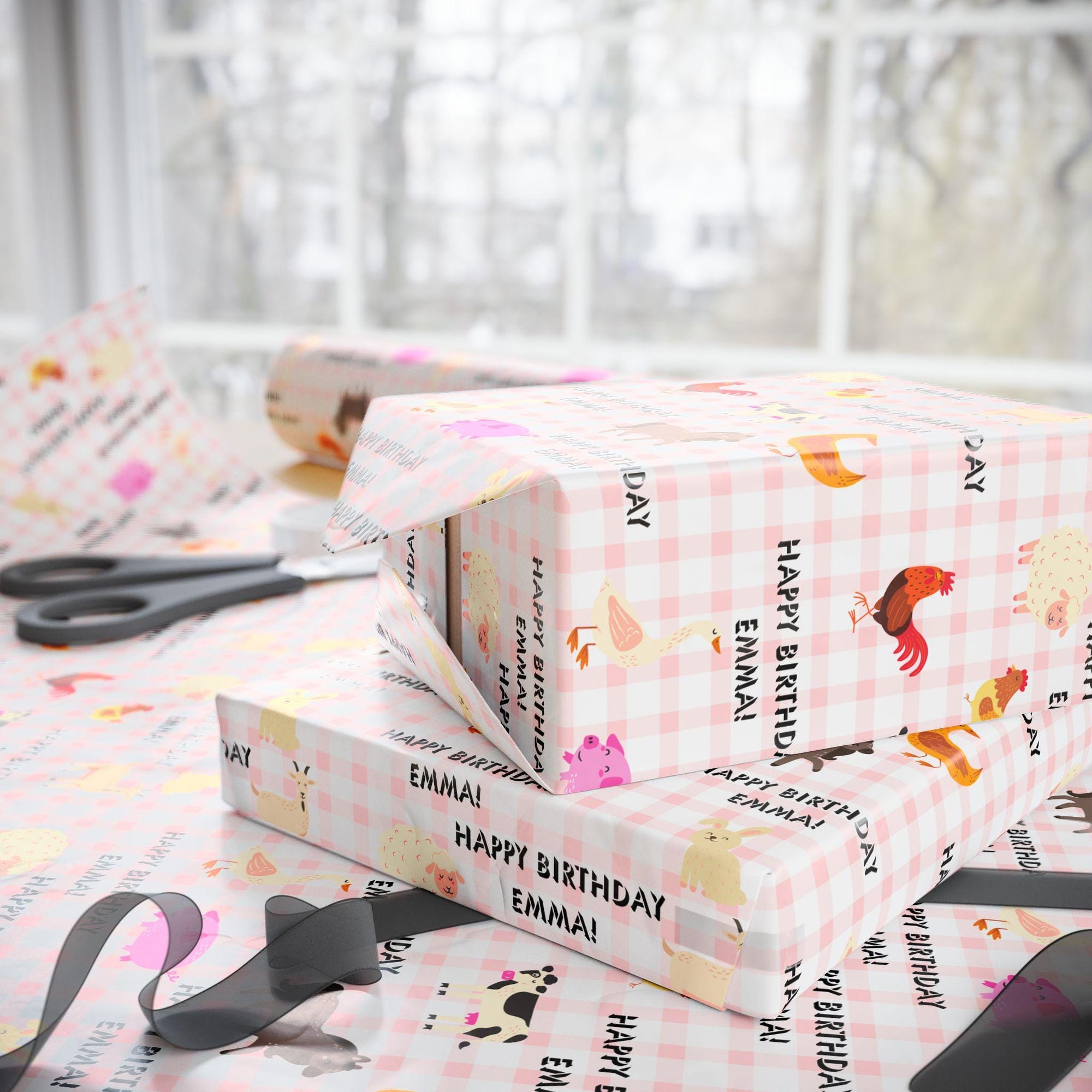 Farm Animal Gingham Personalized Birthday Wrapping Paper