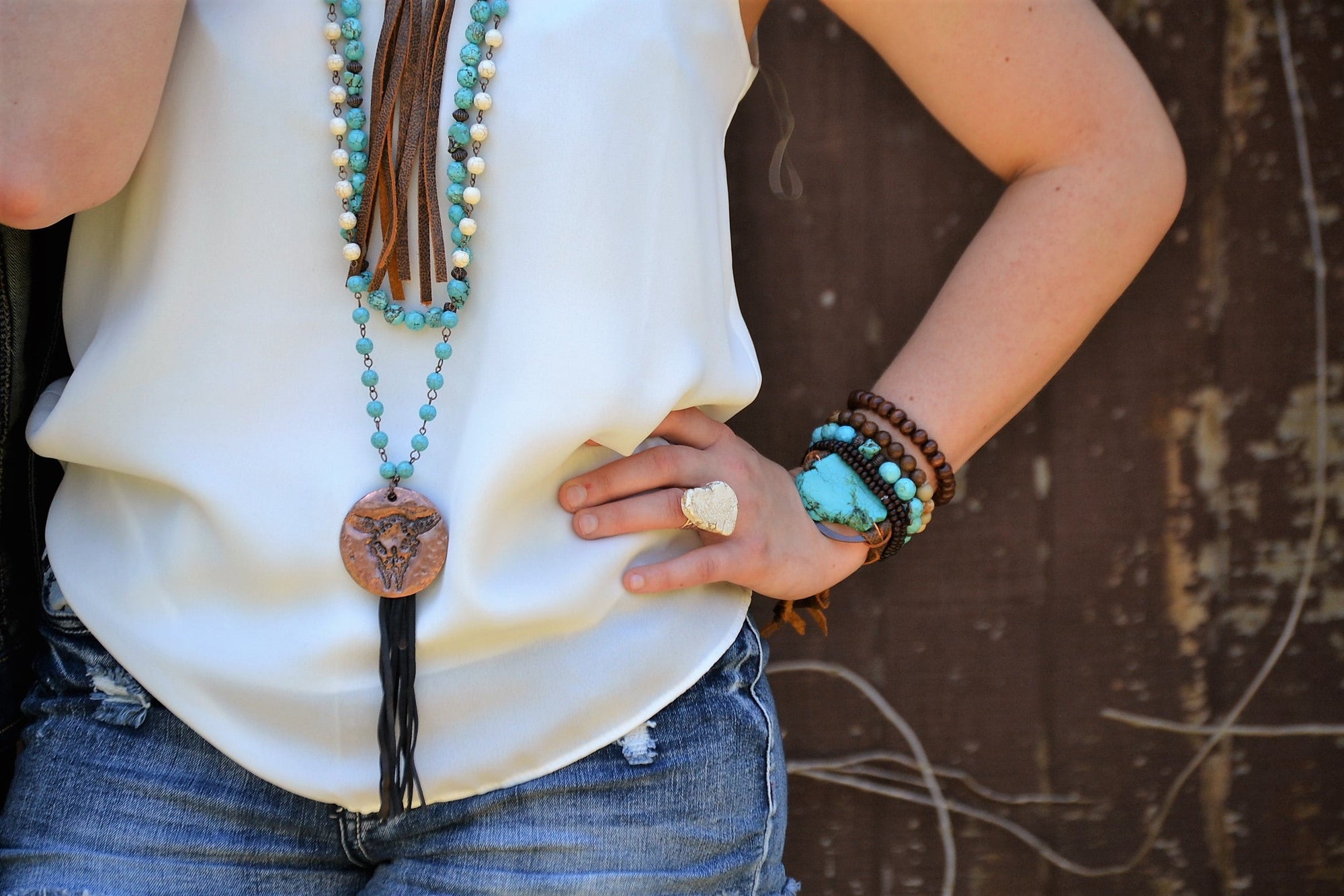 Turquoise Bracelet w/ Stone Slab &amp; Adjustable Ties 010i