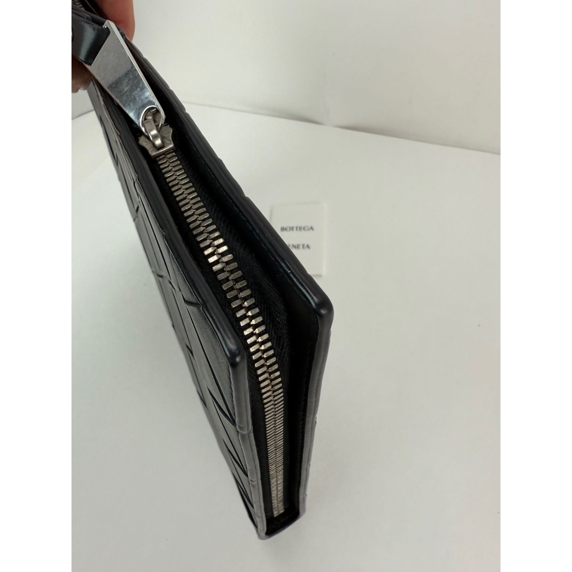 Bottega Veneta Black Leather Maxi Intreciato Document Case Wristlet Clutch Bag