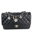 Chanel Quilted Lambskin Valentine Crystal Charms Medium Single Flap Black Bag