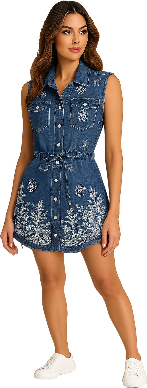 Orly Floral Embroidered Denim Dress S / Dark Denim