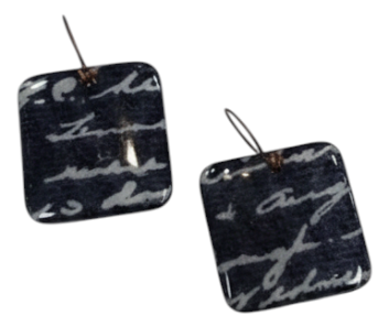 Handmade Square Fabric &amp; Resin Drop Earrings – Navy Script