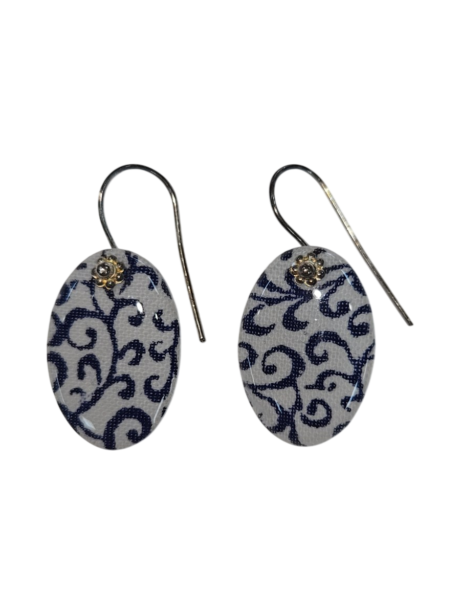 Blue &amp; White Swirl Fabric Resin Oval Drop Earrings