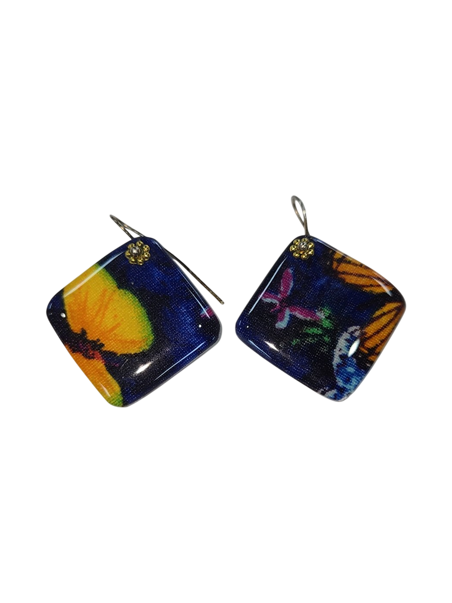 Handmade Fabric &amp; Resin Diamond Drop Earrings – Floral Butterfly