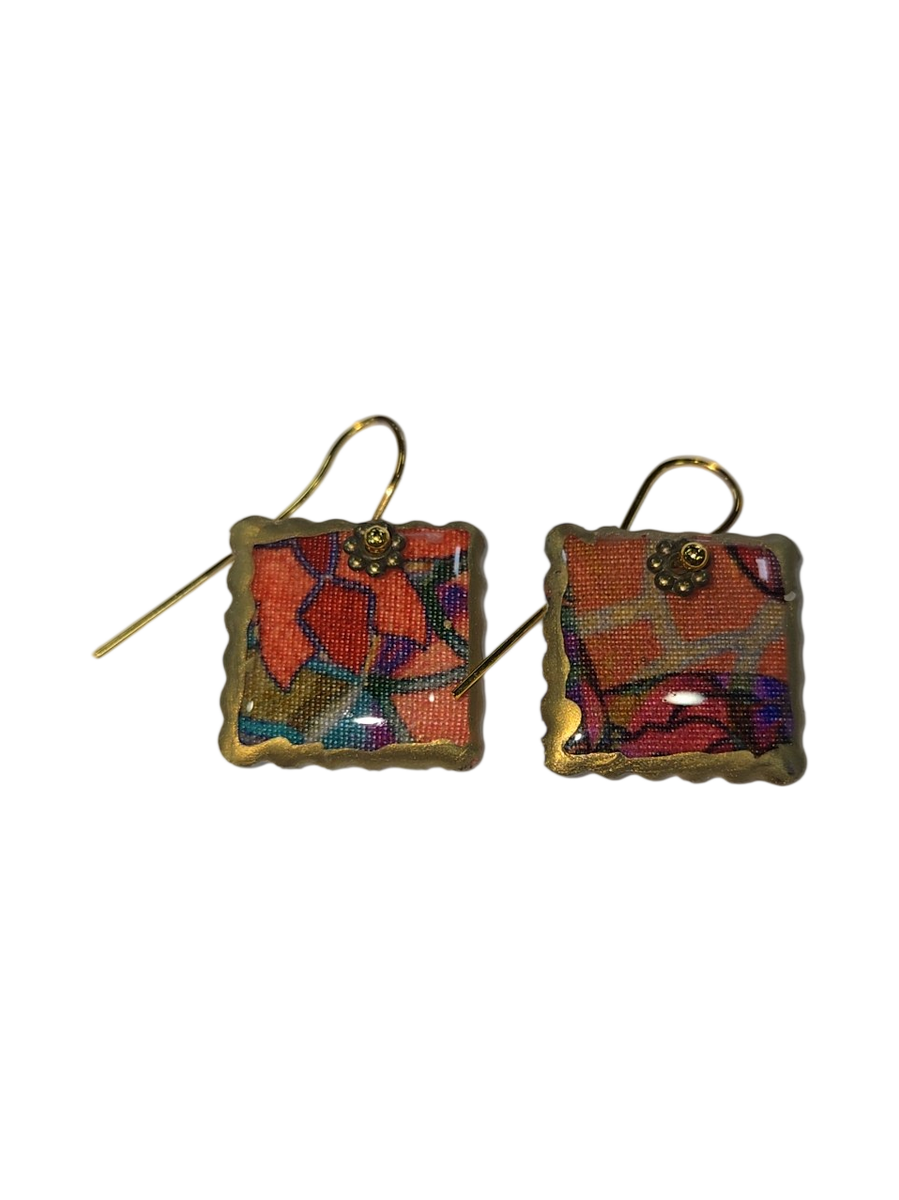 Julie Treiman Handmade Floral Fabric &amp; Resin Square Drop Earrings
