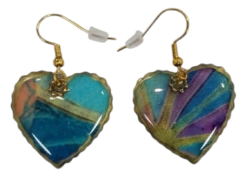 Handmade Heart Earrings – Fabric &amp; Resin in Teal Multicolor