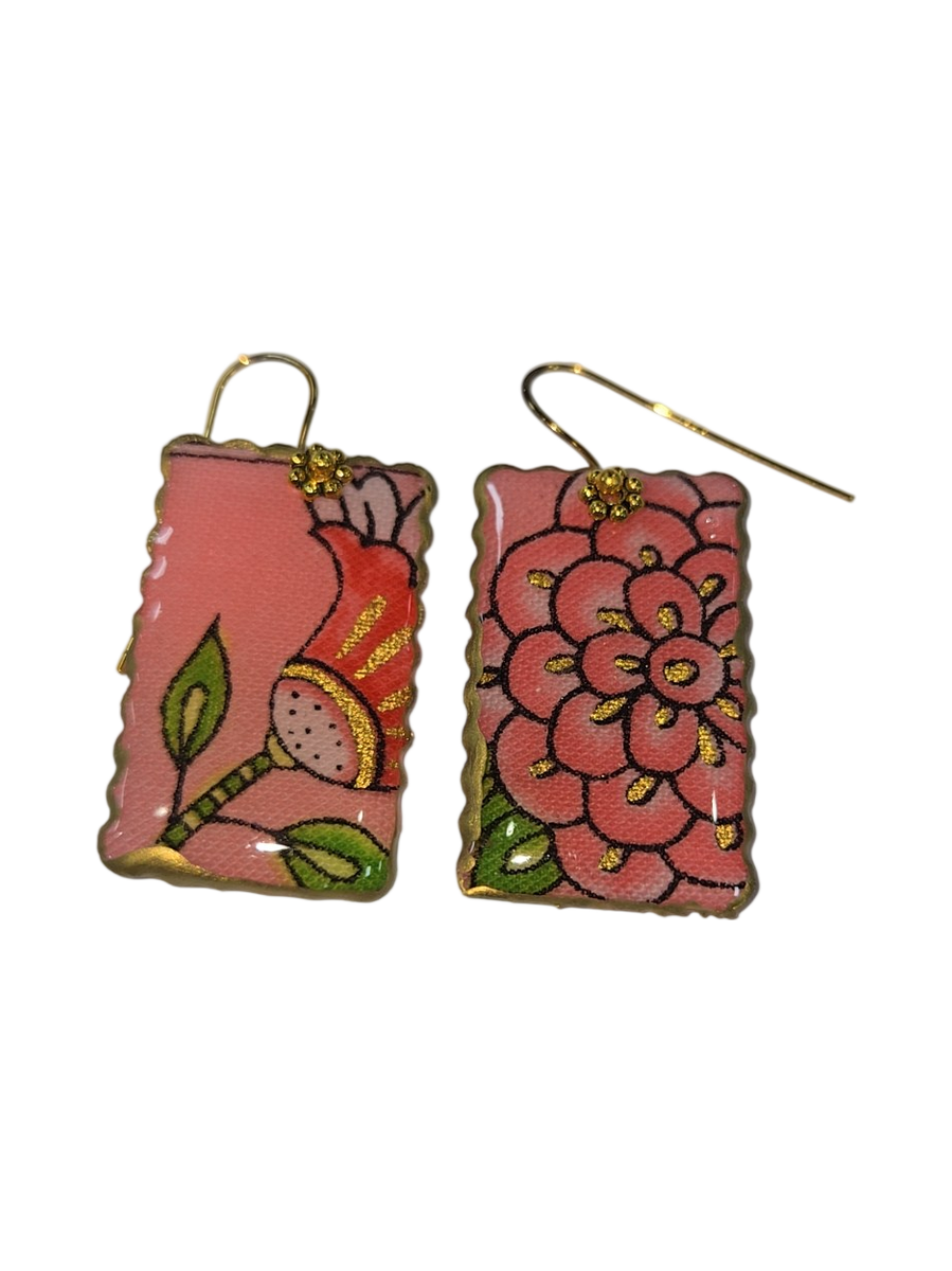 Handmade Floral Fabric &amp; Resin Rectangle Drop Earrings