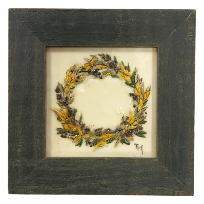 Trish McFerran Encaustic Framed Wreath Miniature Wall Art – Hand-Painted Original