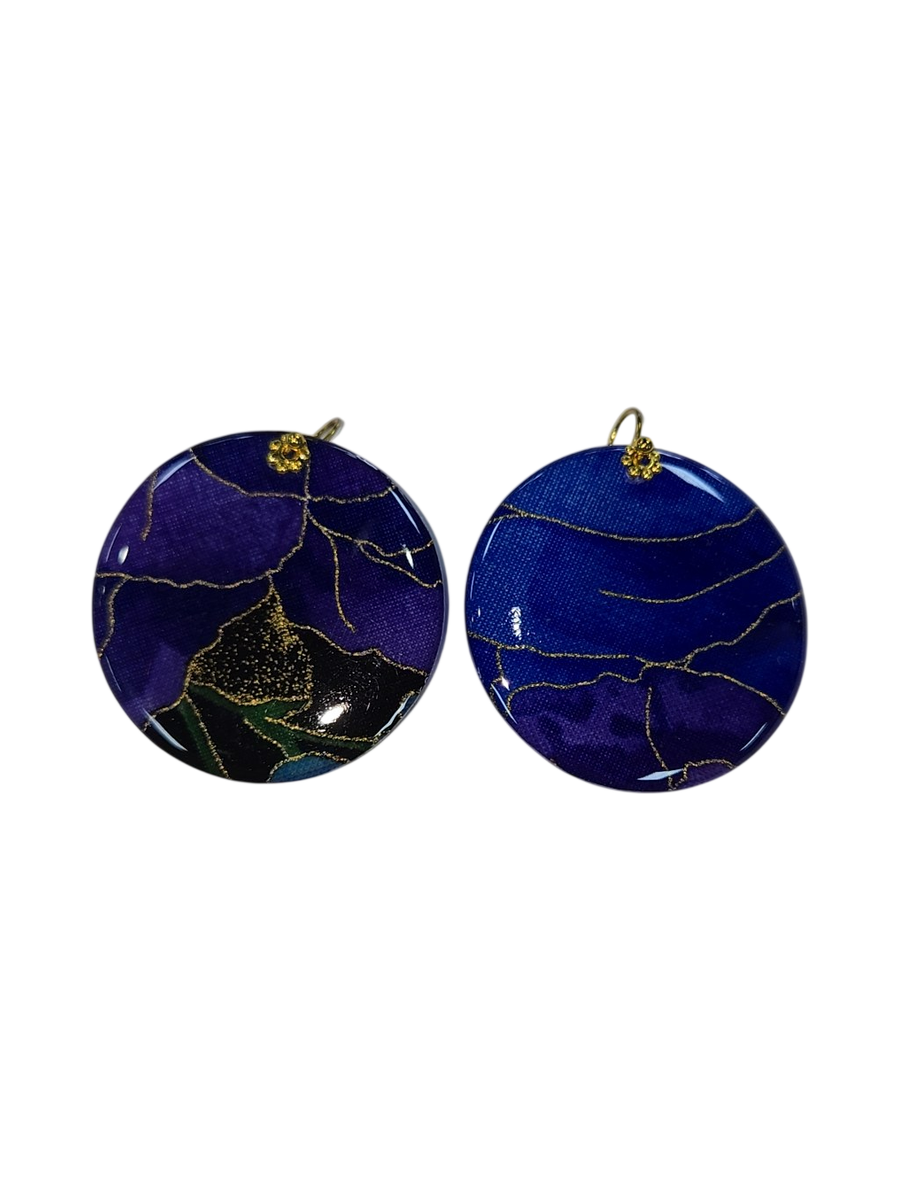 Handmade Fabric &amp; Resin Round Drop Earrings – Blue &amp; Gold