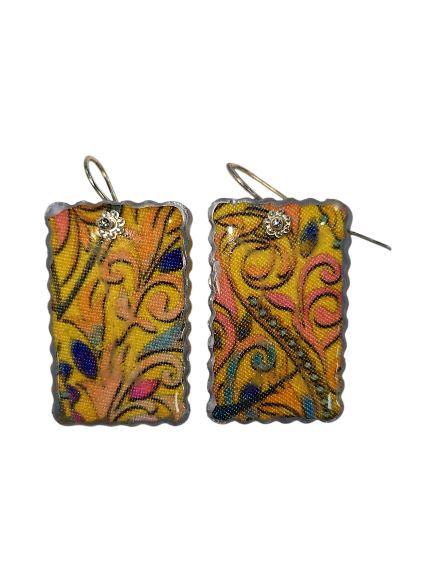 Handmade Fabric &amp; Resin Rectangle Drop Earrings – Yellow Paisley
