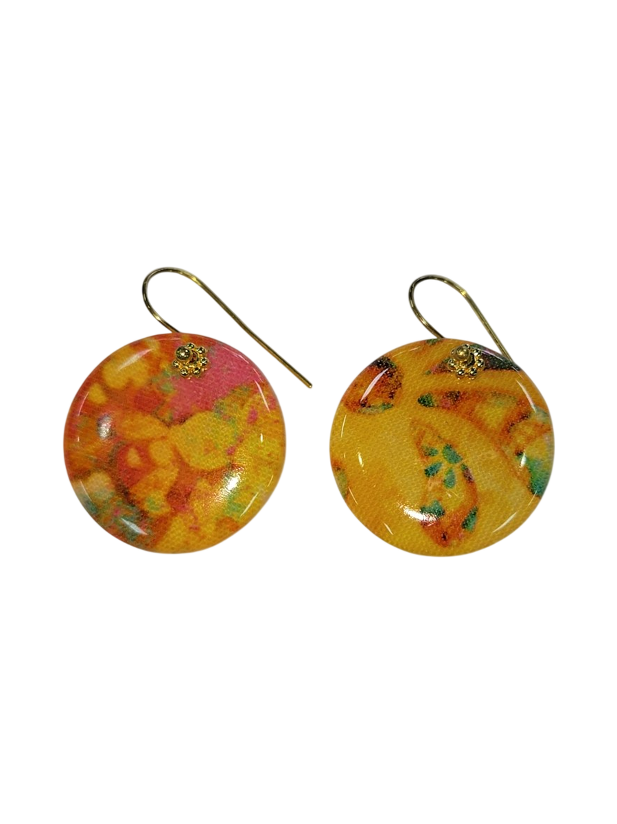 Handmade Fabric &amp; Resin Round Drop Earrings – Floral Yellow