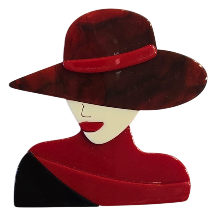 Art Deco Lady in Red Hat Acrylic Brooch Pin