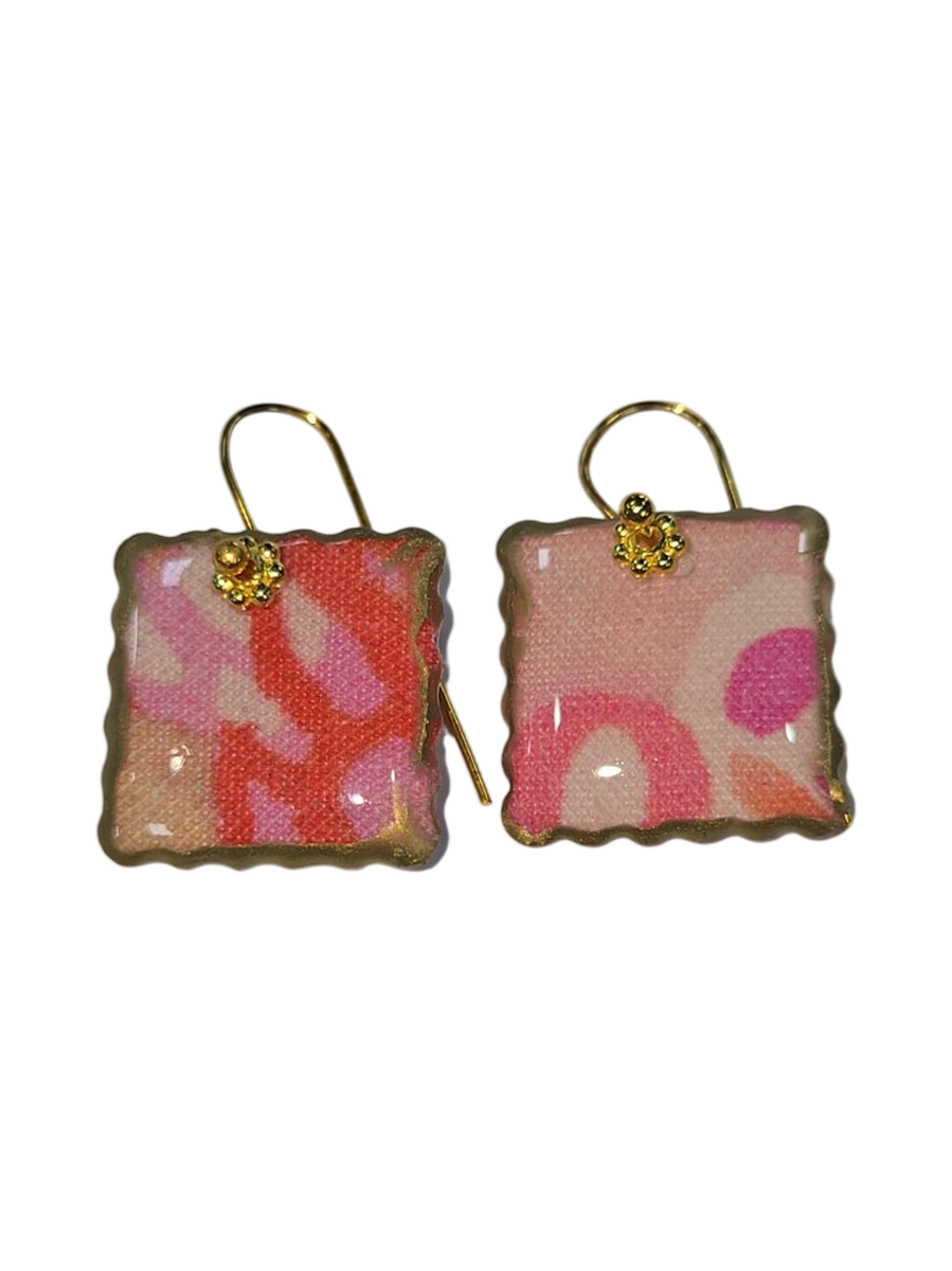 Handmade Fabric &amp; Resin Square Drop Earrings – Pink Floral