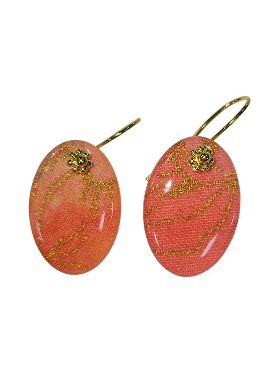 Handmade Coral &amp; Gold Oval Fabric Resin Drop Earrings
