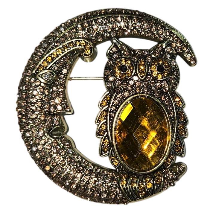 Owl &amp; Crescent Moon Crystal Brooch