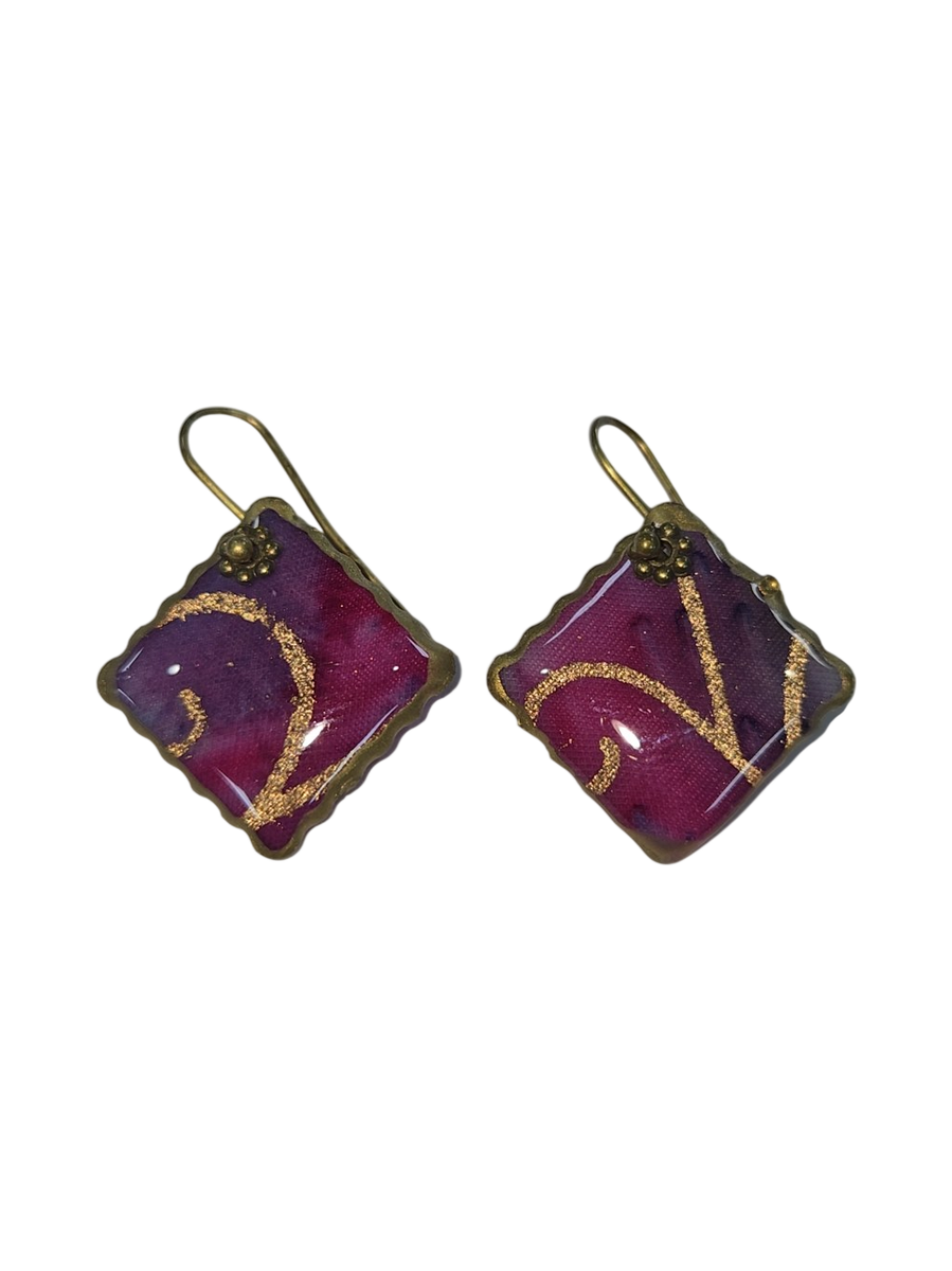 Handmade Purple &amp; Gold Resin Fabric Drop Earrings