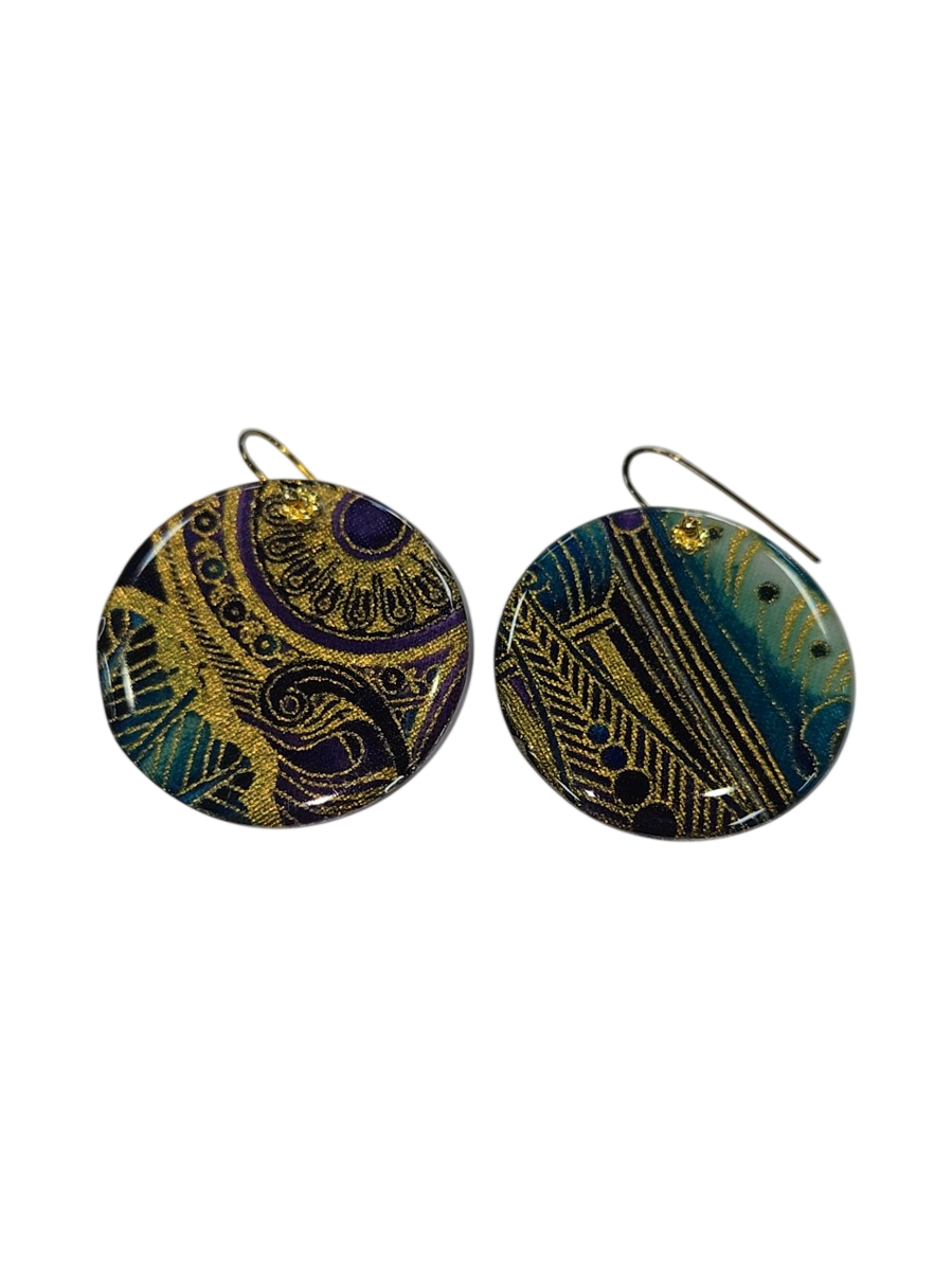 Handmade Fabric &amp; Resin Round Drop Earrings – Teal &amp; Gold