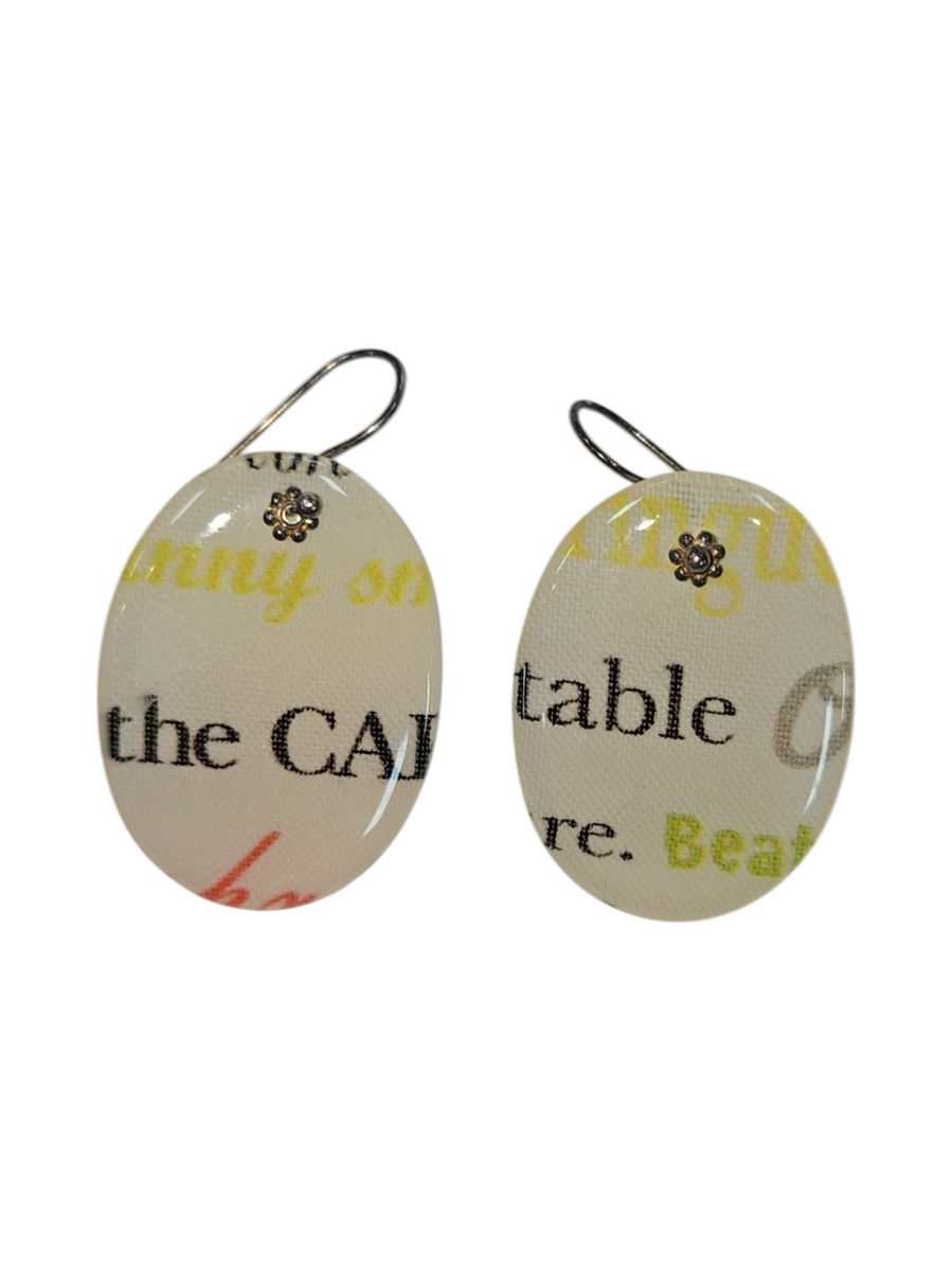 Handmade Fabric &amp; Resin Text Print Oval Drop Earrings