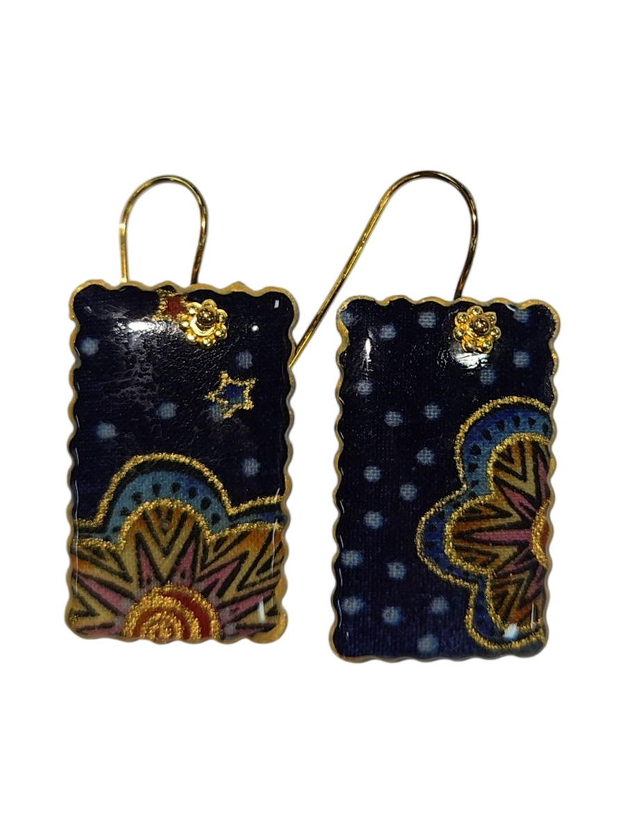 Handmade Fabric &amp; Resin Rectangle Drop Earrings – Navy Boho
