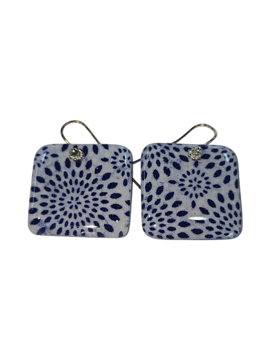 Blue &amp; White Floral Mandala Fabric Resin Square Drop Earrings