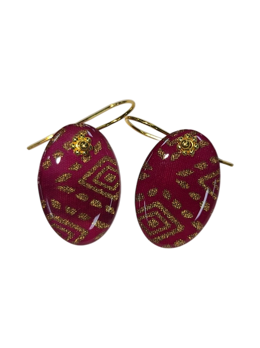 Handmade Oval Resin &amp; Fabric Drop Earrings – Magenta &amp; Gold