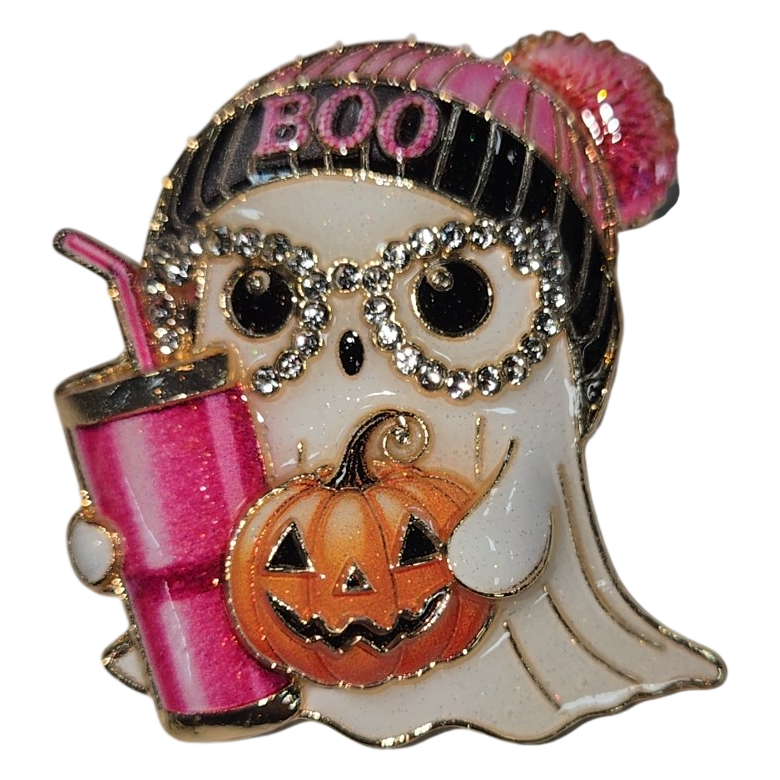 Halloween Ghost Enamel Brooch with Pumpkin &amp; Pink Tumbler