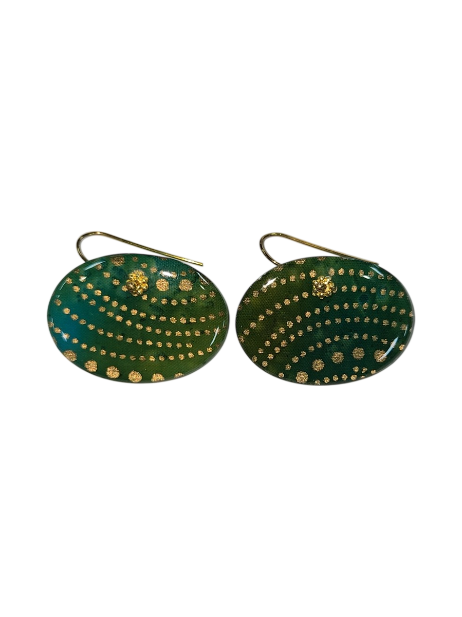 Handmade Green &amp; Gold Dot Oval Fabric Resin Earrings