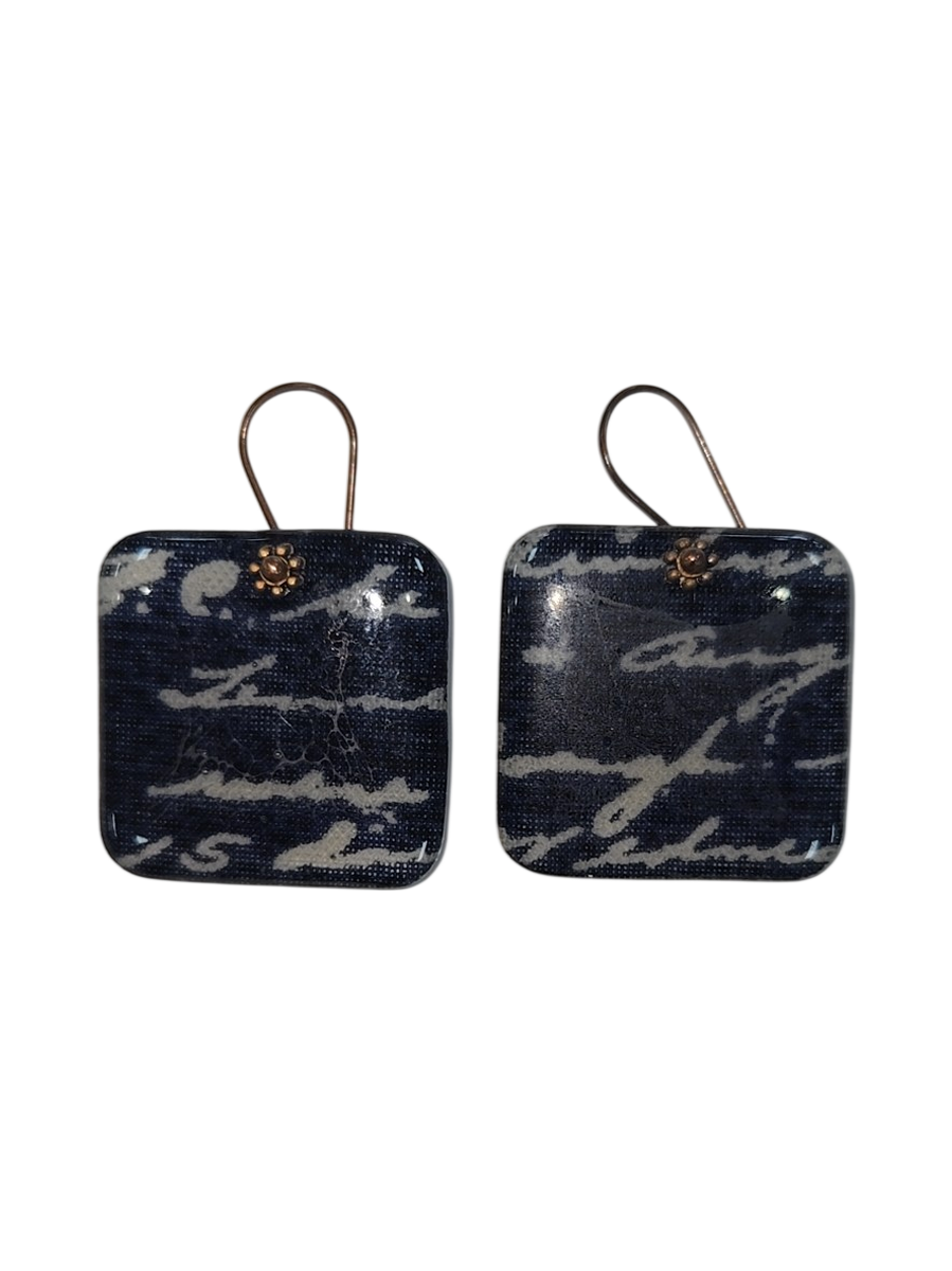 Julie Treiman Handmade Navy Script Fabric &amp; Resin Square Earrings